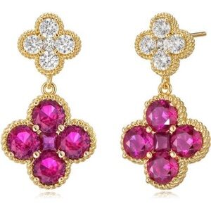 14K Gold Plated Ruby July Birthstone Earrings • Four-Leaf Clover Studs
